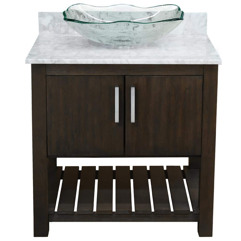 Ocean Breeze 31 in. W x 22 in. D x 31 in. H One Clear Sink CH Drain Bath Vanity in Cafe Mocha w/Carrara White Marble Top price history on PriceWatchPro