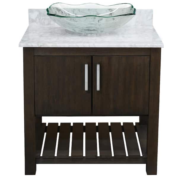 Novatto Ocean Breeze 31 in. W x 22 in. D x 31 in. H One Clear Sink CH Drain Bath Vanity in Cafe Mocha w/Carrara White Marble Top
