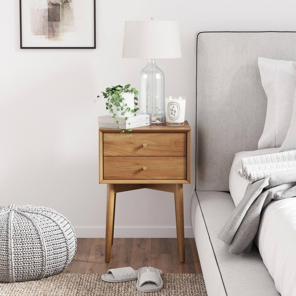 Harper Mid-Century Oak Wood Nightstand with Vintage Brass Hardware
