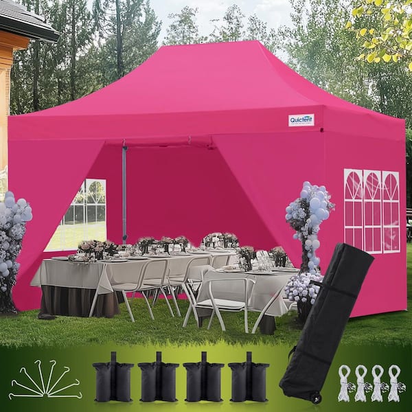 10 ft. x 15 ft. Heavy Duty Pop Up Canopy Tent with Sidewalls, with 800D Waterproof Oxford Fabric for Events-Pink