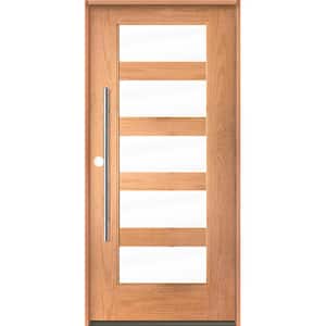 ASCEND Modern Faux Pivot 36 in. x 80 in. 5 Lite Right-Hand/Inswing Clear Glass Teak Stain Fiberglass Prehung Front Door
