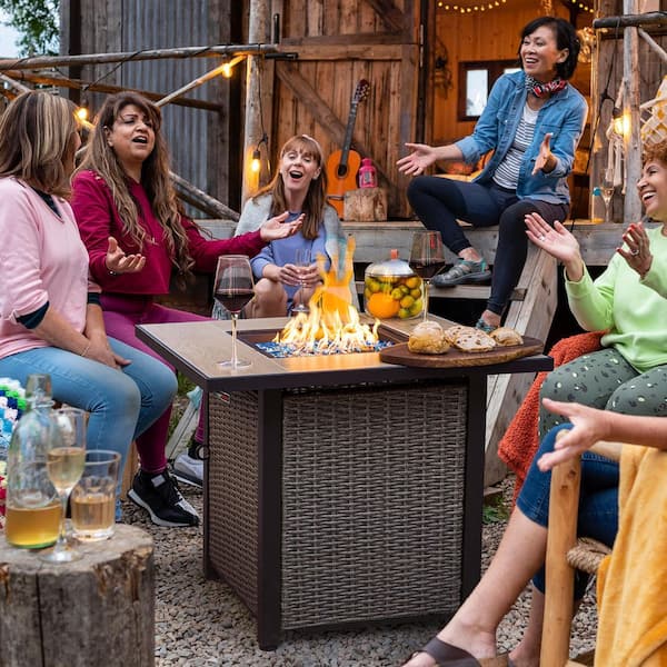 30 in. Propane Outdoor Rattan Fire Pit Table with Cover, Glass Bead & Lid, 50,000 BTU