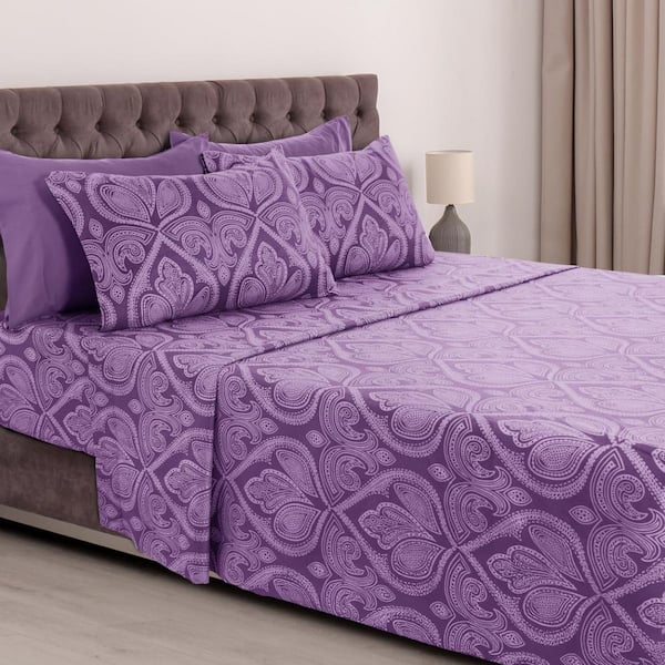Lux Decor 6-Piece Microfiber Sheet Set Paisley Pattern with Deep Pocket Fitted Sheet and Pillowcases-Queen Purple