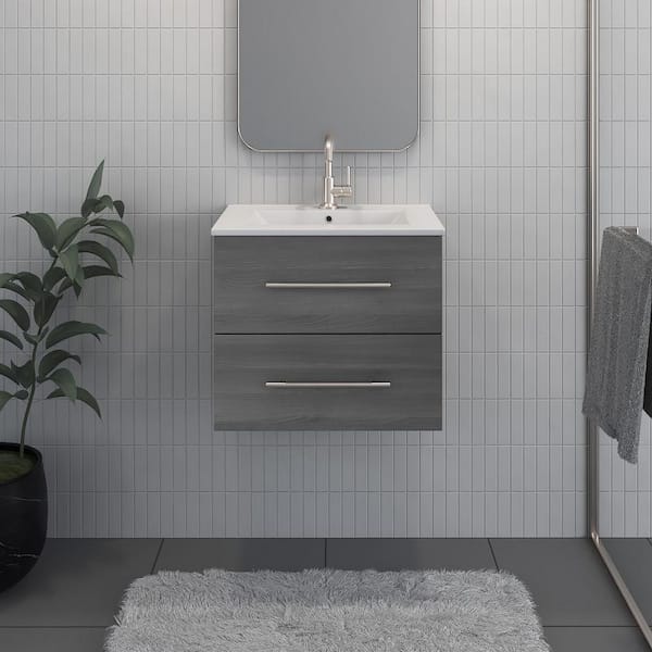 Napa 24 in. W x 18 in. D Wall Mounted Floating Bath Vanity in Ash Gray with Ceramic Vanity Top in White with White Basin