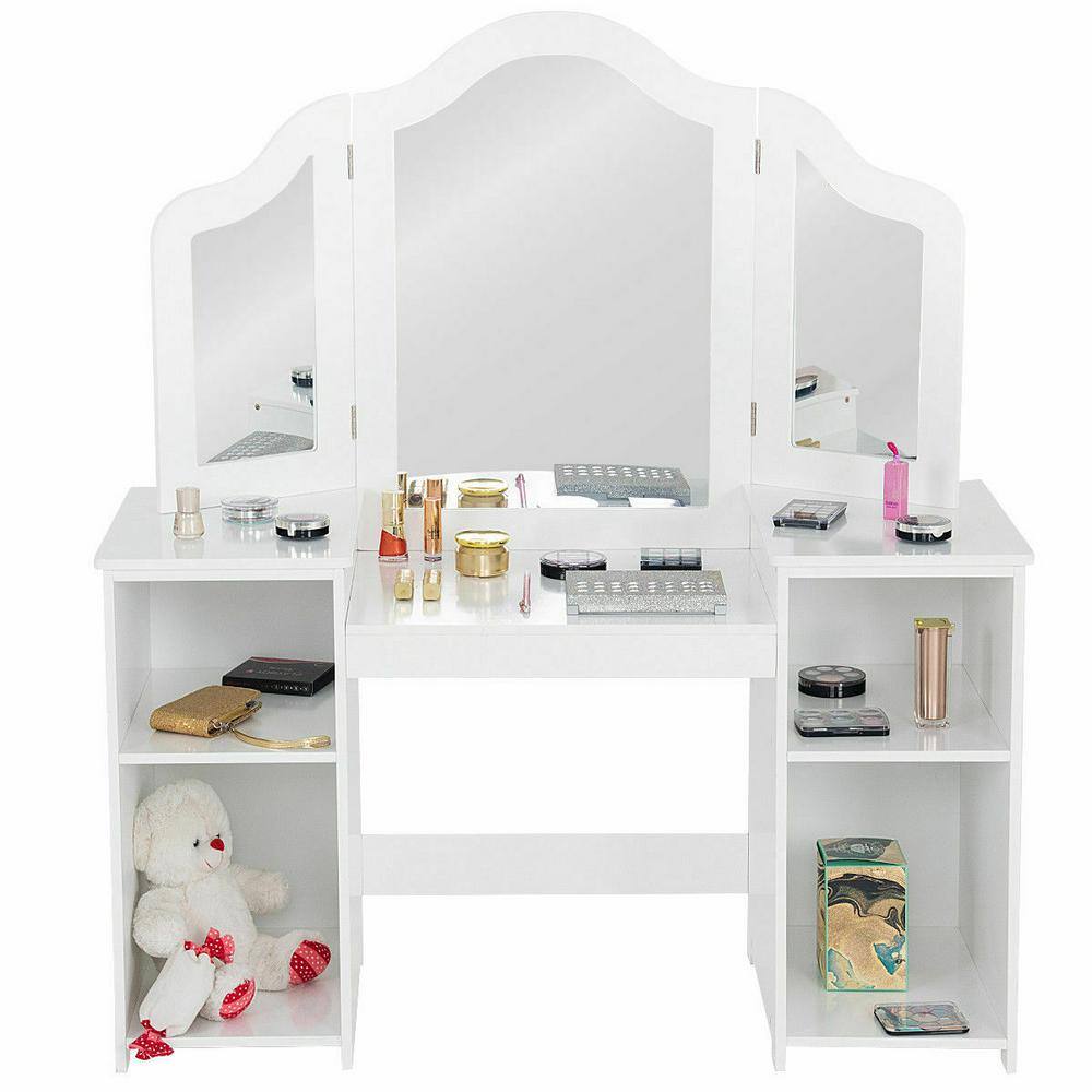 Modern 46 in. White Folding Mirror Vanity Table Set Makeup Dressing Table