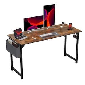55 in. Rectangular Rust Wood Computer Desk with Sidea Storage Baskets and Headphone Hook