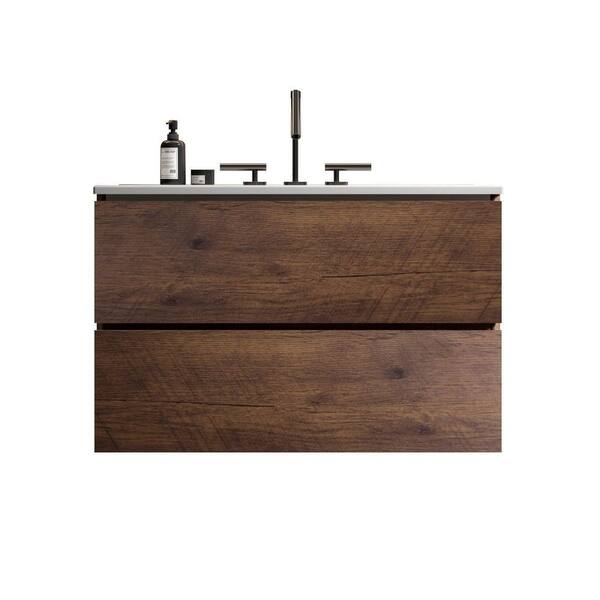 30 in. Single Sink Floating Walnut Bath Vanity with White Ceramic Top (Assembled), DTC Soft-closing Drawers