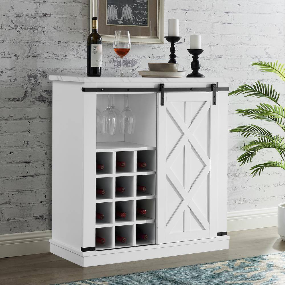 Festivo 37" White Wood Barn Door Buffet Bar Cabinet with Marble Pattern Top