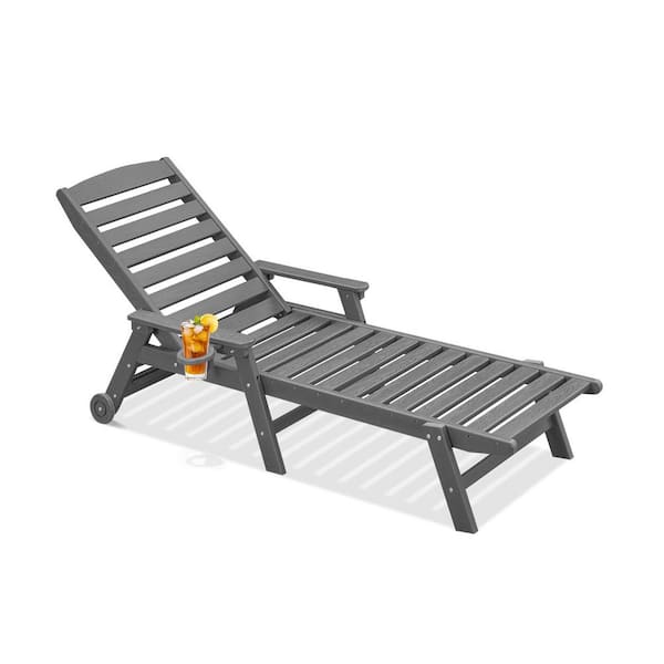 Gray Rust Resistant HDPE Plastic Outdoor Patio Reclining Chaise Lounge Chair with Adjustable Back