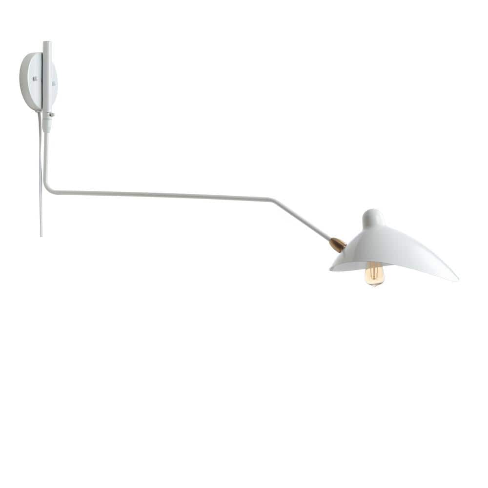 Mid-Century 35" White and Brass Gold Iron Swing Arm Wall Sconce