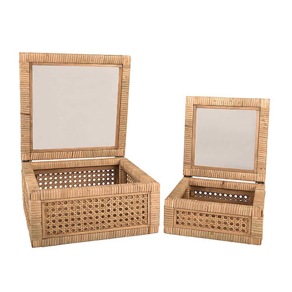 Natural Woven Rattan and Wood Lidded Display Boxes with Glass Lids, Set of 2