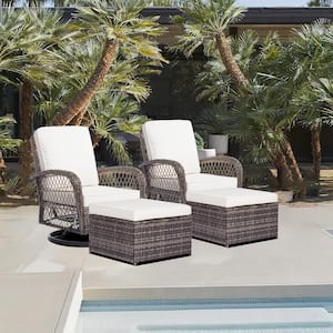 4-Piece White Patio Wicker Bistro Furniture Set with Swivel Outdoor Rocking Chair with Cushion and 2 Ottomans