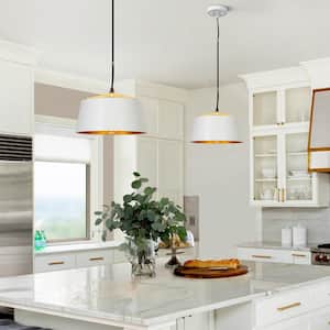 Modern Kitchen Island Drum Pendant Light 1-Light White and Gold Round Hanging Pendant Light with Metal Shade