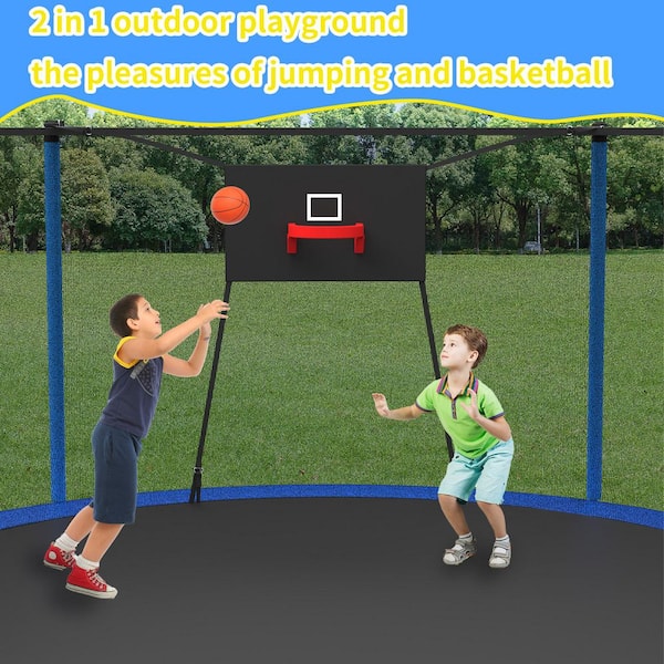 14 ft. Large Trampoline with Enclosure Net and Soft Backboard in Blue