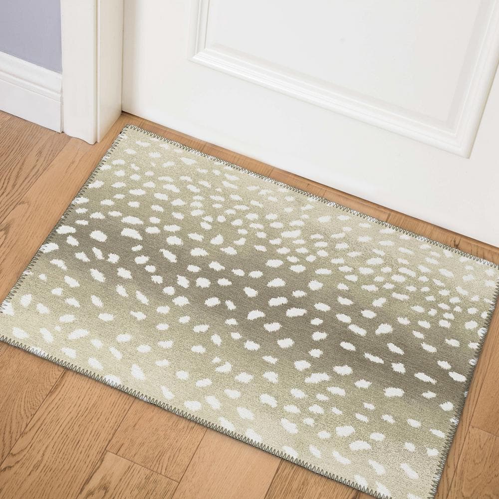 Beige Rectangular Chenille Non-Slip Washable Rug 1'8" x 2'6"