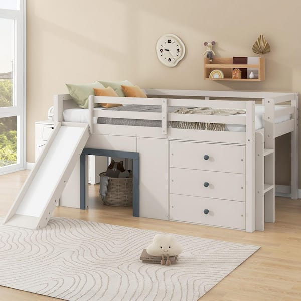 Beige and Gray Full Wood Frame Low Loft Bed with Slide Ladder and 3 Drawers