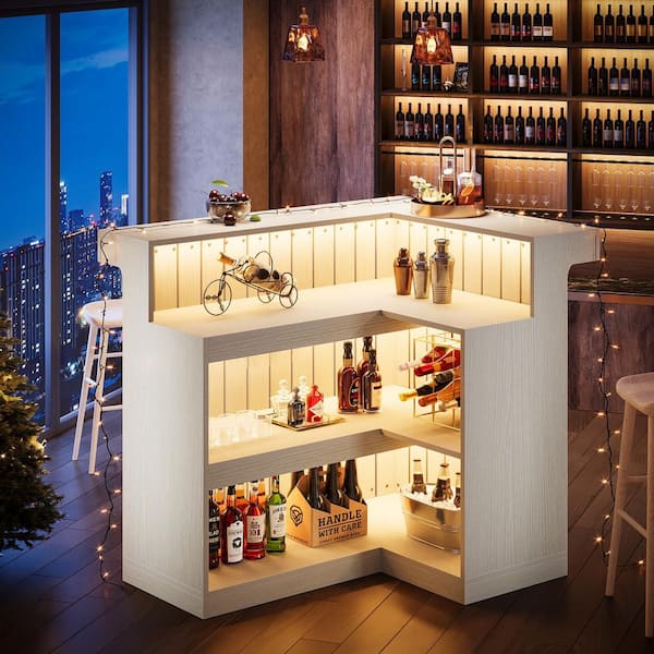 Kearsten 43.3 in. H L-shaped Bar Table with 3-Muti-Bottle Shelves, White Wooden Bar Counter Table for Bars, Restaurants