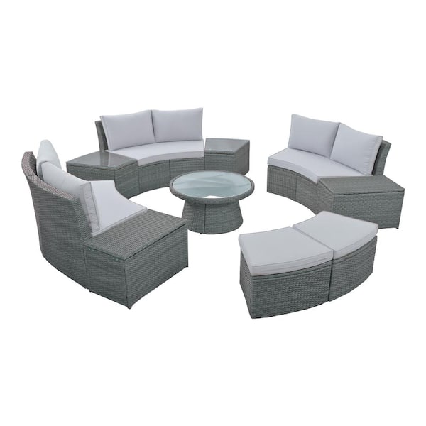 Unbranded Set of 10 Wicker Outdoor Sectional Sofa Loveseat Semi-Round with Cushions Light Gray