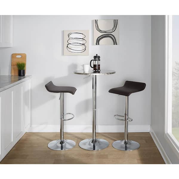 Lumisource Bistro Round-Ale 3-Piece Chrome Metal, Brown Faux Leather, and Silver Metal Top Bar Set