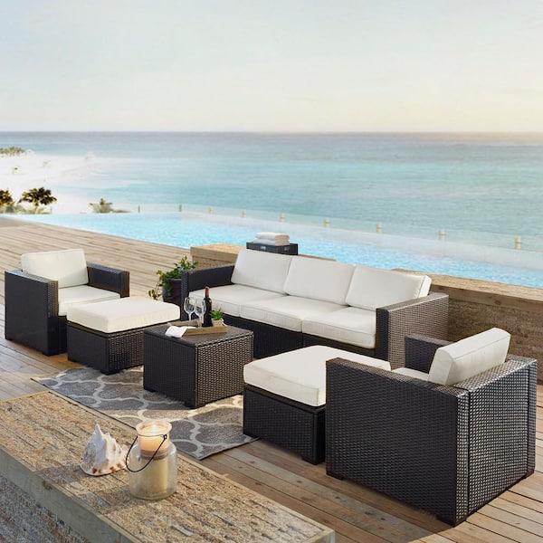 CROSLEY FURNITURE Biscayne 7-Person Wicker Outdoor Seating Set with White Cushions