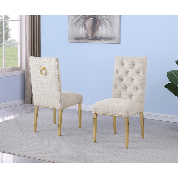 Melina Cream Boucle Fabric Side Chair Set of 2 with Gold Chrome Plated Legs