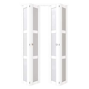 48 in. x 80.5 in. 3-Lite Tempered Frosted Glass Solid Core White Finished Bi-Fold Door with Hardware