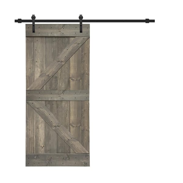 CALHOME K Series 30 in. x 84 in. Solid Weather Gray Stained Knotty Pine Wood Interior Sliding Barn Door with Hardware Kit