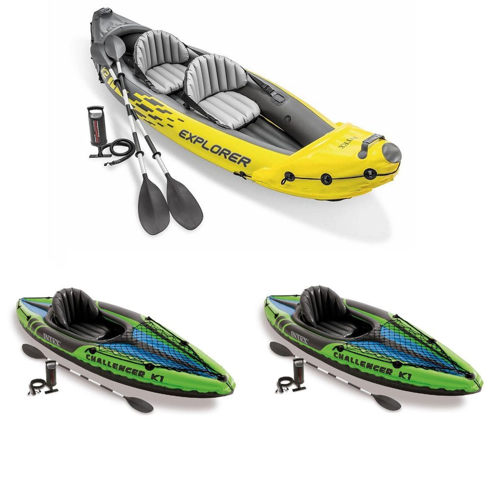 INTEX 2-Person Inflatable Kayak with Oars &Pump & 1-Person Inflatable Kayak (2-Pack) -  68307EP+2x68305