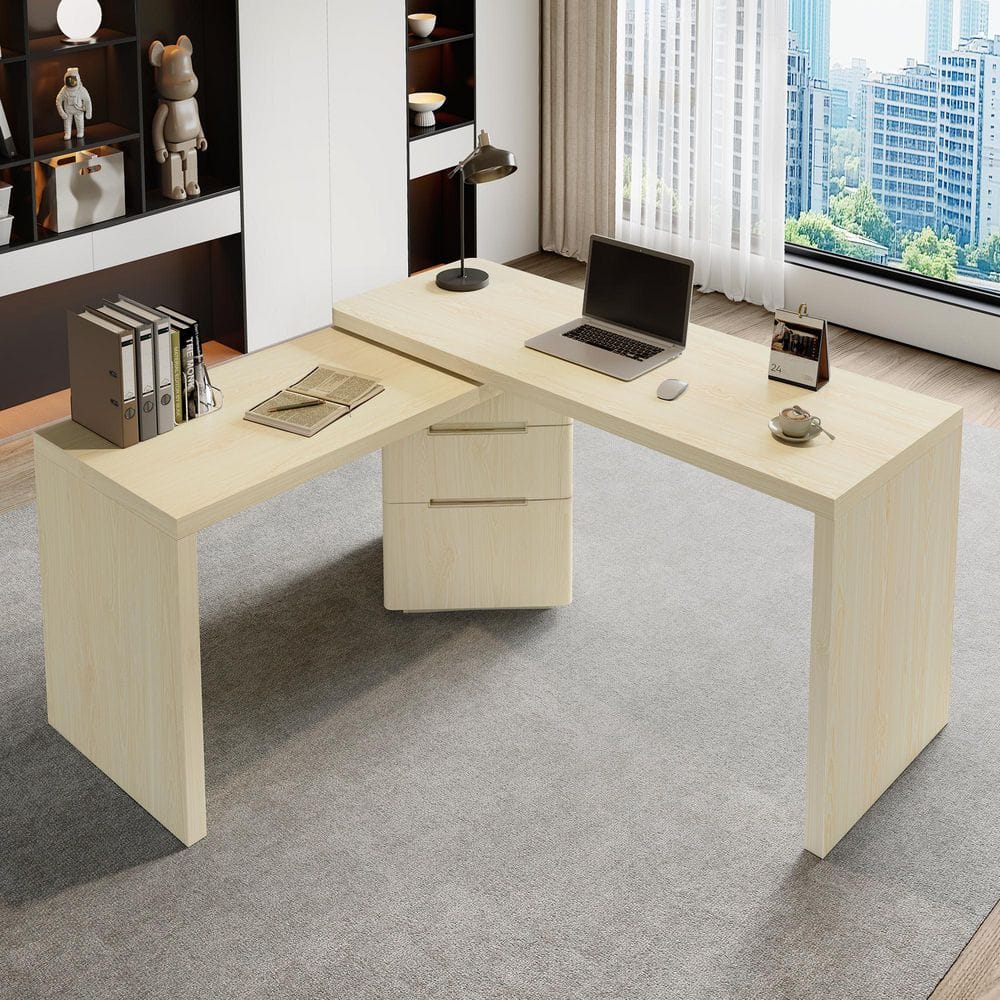 90.3 in. W Natural L-Shaped Desk with 3 Drawers, 360° Wood Rotating Desk