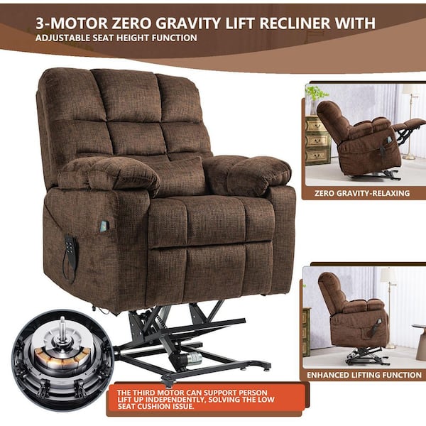 Chocolate-1 3-Motor Zero Gravity Power Lift Recliner with Armrest Storage, Massage and Heating