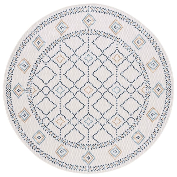 Courtyard Ivory/Navy Yellow 7 ft. x 7 ft. Geometric Modern Indoor/Outdoor Round Area Rug
