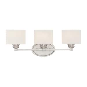 Kane 24 in. W x 8.5 in. H 3-Light Satin Nickel Bathroom Vanity Light with Etched Glass Shades