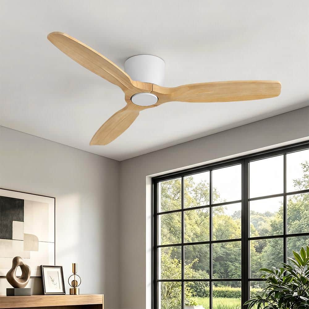 48 in. 3-Solid Wood Natural Wood Grain Blades Indoor Standard White Ceiling Fan Flush Mount with Remote price history on PriceWatchPro