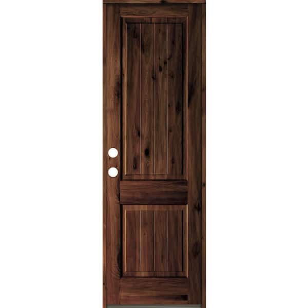 Krosswood Doors 30 in. x 96 in. Rustic Knotty Alder Square Top V-Grooved Red Mahogany Stain Right-Hand Wood Single Prehung Front Door