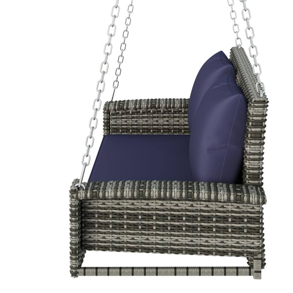 Blue-gray Wicker Porch Swing with Cushions and Galvanized Steel Frame