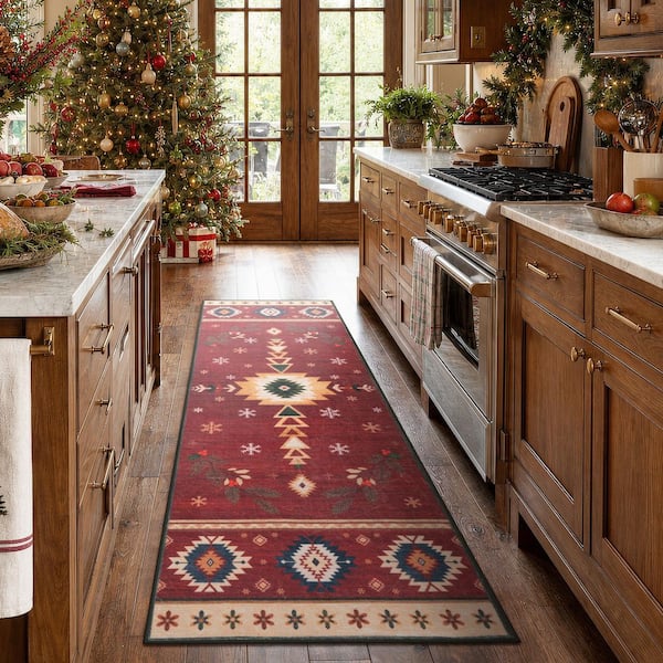 Washable Christmas Vintage Boho Tribal Snowflake Non Slip 2 ft. x 6 ft. Red Entryway Kitchen Runner Area Rug
