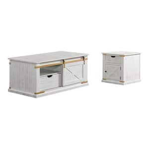 Sueli 2-Piece 48 in. Antique White and Gold Rectangle Wood Coffee Table Set with Barnyard Design