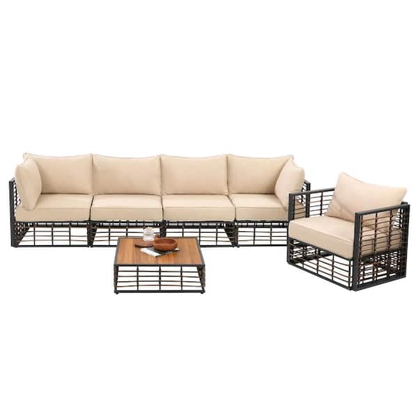 Zeus & Ruta 6-Piece Wicker Outdoor Conversation Set Sectional Sofa with Beige Thick Cushions and Coffee Table for Garden Balcony