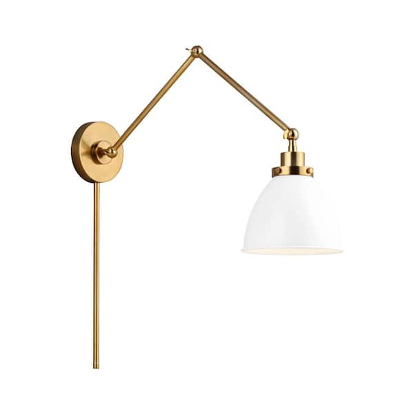 Generation Lighting - Wellfleet 7.25 in. W 1-Light Matte White/Burnished Brass Double Arm Dome Task Wall Sconce with Steel Shade