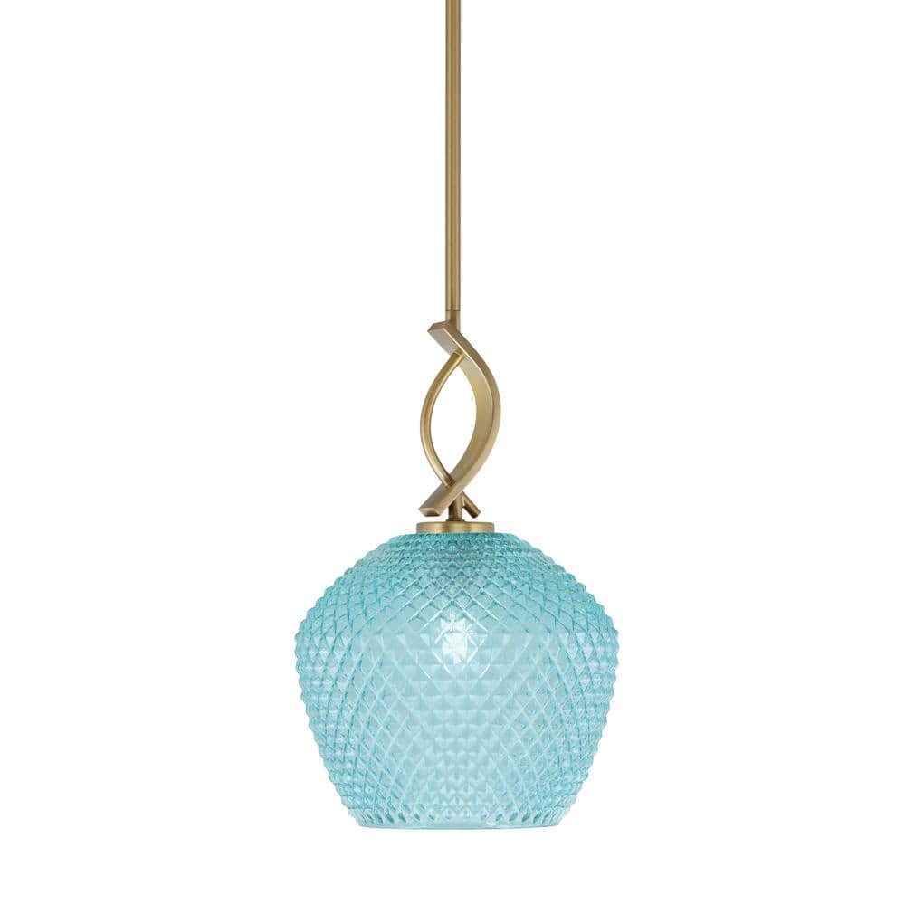 Olympia 100-Watt 1-Light New Age Brass Shaded Pendant Light with 9 in. Turq
