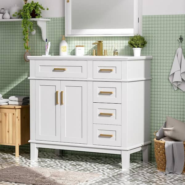 36 in. White Bath Vanity with Ceramic Top Sink 4 Drawers and Soft Close Doors