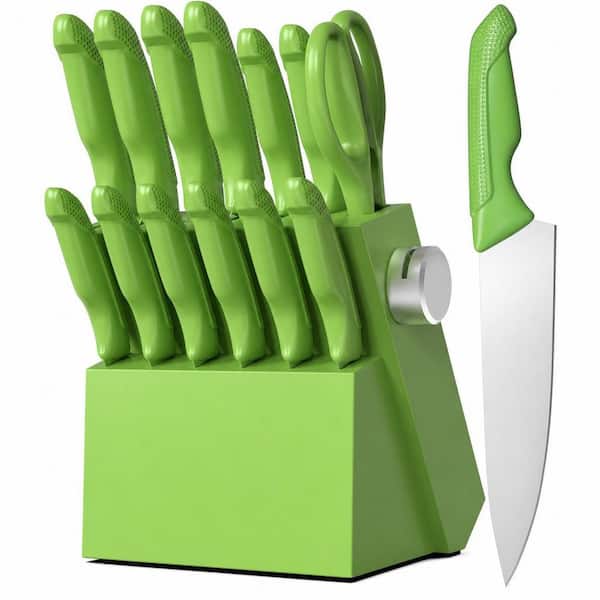 14-Piece Stainless Steel Knife Set with Block, Built-In Sharpener and Teal Green Handles