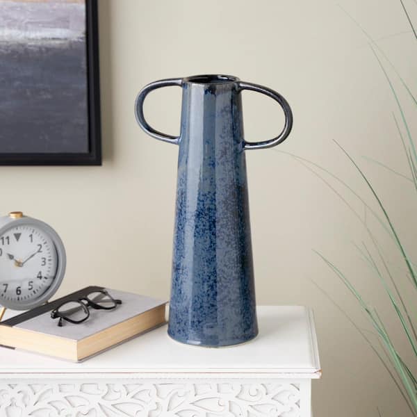 Litton Lane Dark Blue Textured Cone Ceramic Decorative Vase with Curved Handles