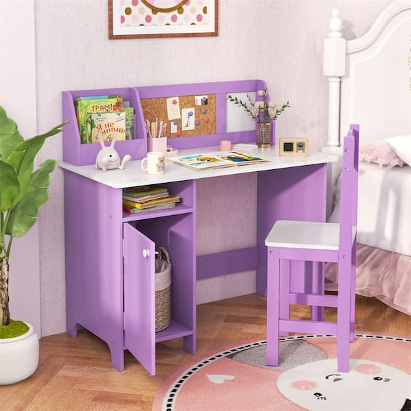 Costway 2-Piece Wood Top Purple Kids Desk and Chair Set Study