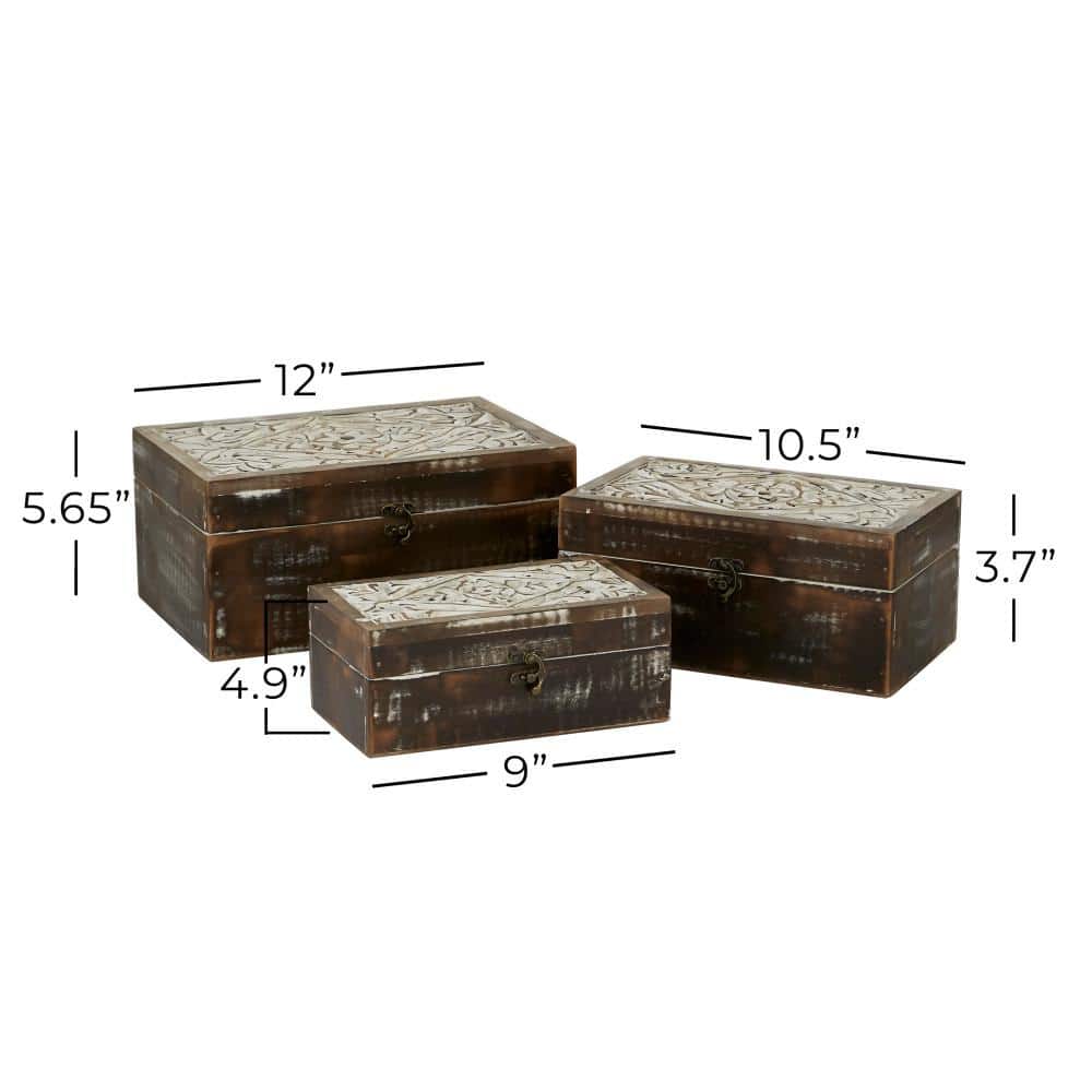 Handmade Brown Mango Wood Floral Decorative Box Set with Hinged Lid