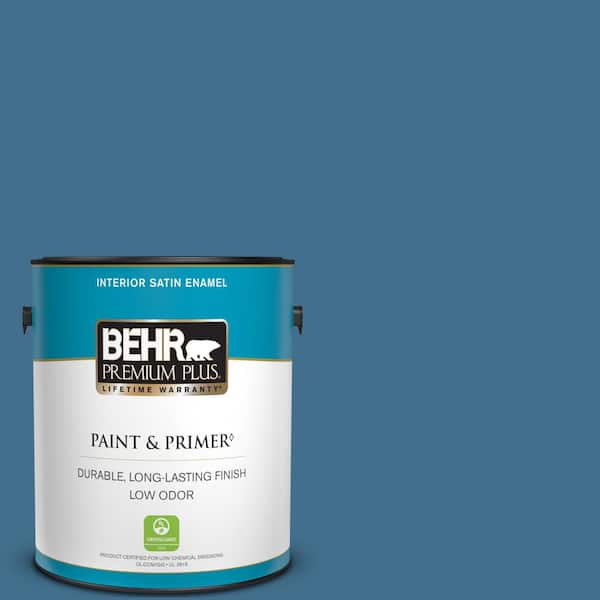 BEHR PREMIUM PLUS 1 gal. #M500-5 Sojourn Blue Satin Enamel Low Odor Interior Paint & Primer