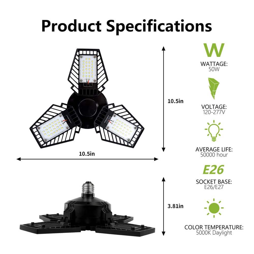 Black Adjustable 3-Panel LED Garage Ceiling Light