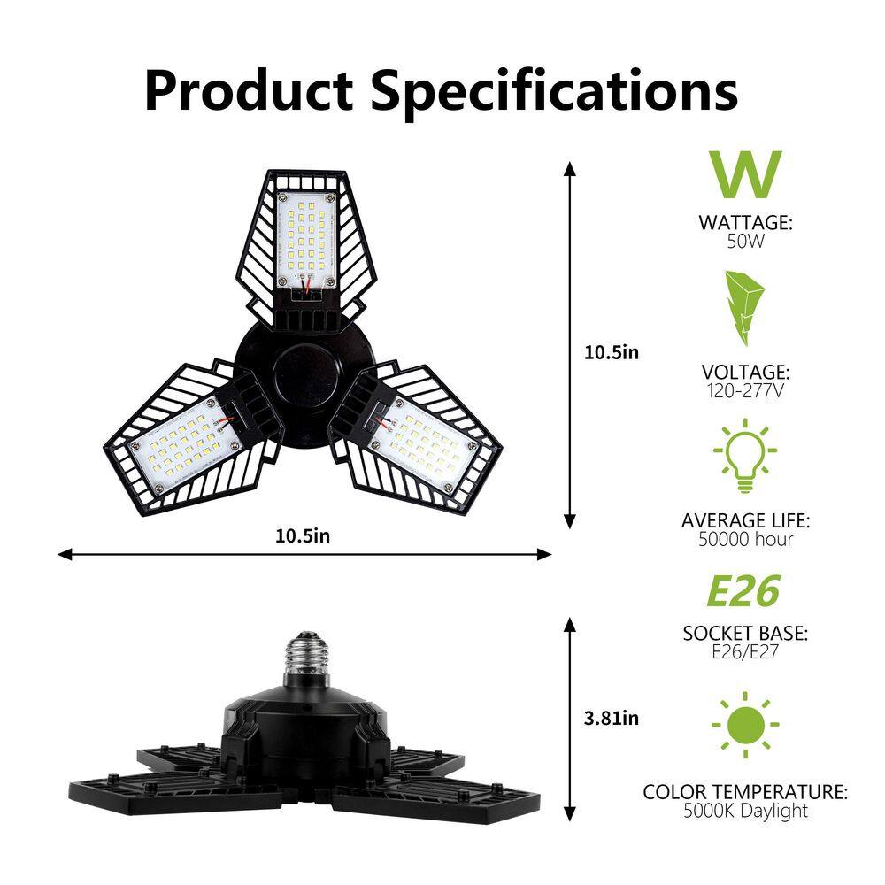 Black Adjustable 3-Panel LED Garage Ceiling Light