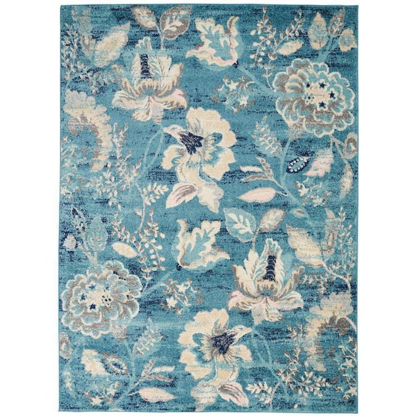 Tranquil Turquoise 5 ft. x 7 ft. Floral Modern Area Rug