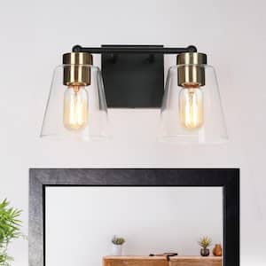Modern Bell Bathroom Vanity Light 2-Light Black and Brass Wall Sconce Light with Clear Glass Shades